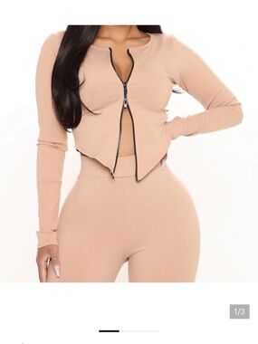 Fashion Nova Double Zipper Ribbed Top - Beige